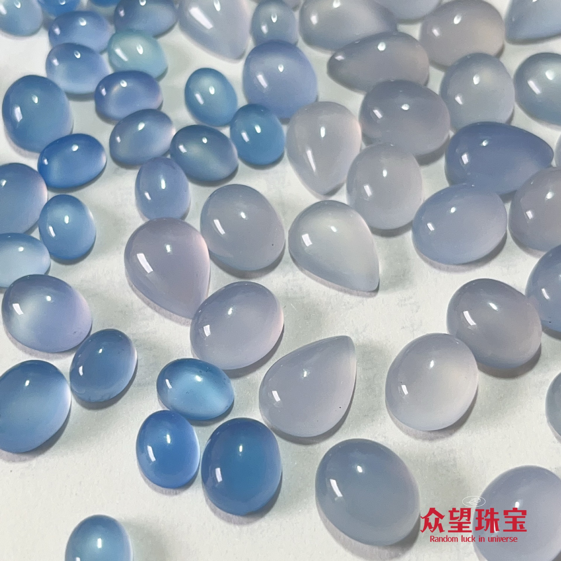 浅灰蓝色玛瑙平底无孔戒面 椭圆形水滴形手工diy配饰镶嵌宝石