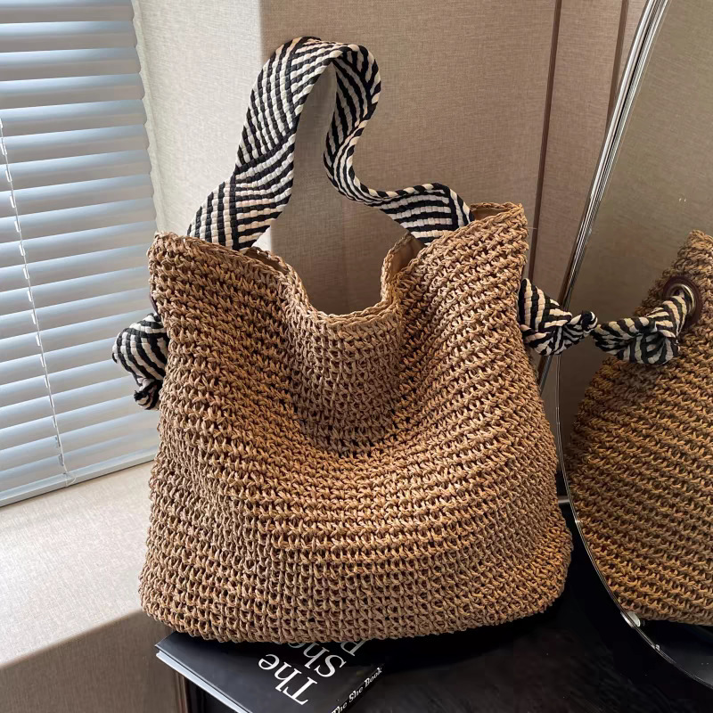 Ins Navy Style Straw Woven Bag, Handwoven Bag, Large Capacity Shoulder Tote Bag, Vacation Beach Bag, Women's Bag Ins Navy Style Straw Woven Bag, Handwoven Bag, Large Capacity Shoulder Tote Bag, Vacation Beach Bag, Women's Bag