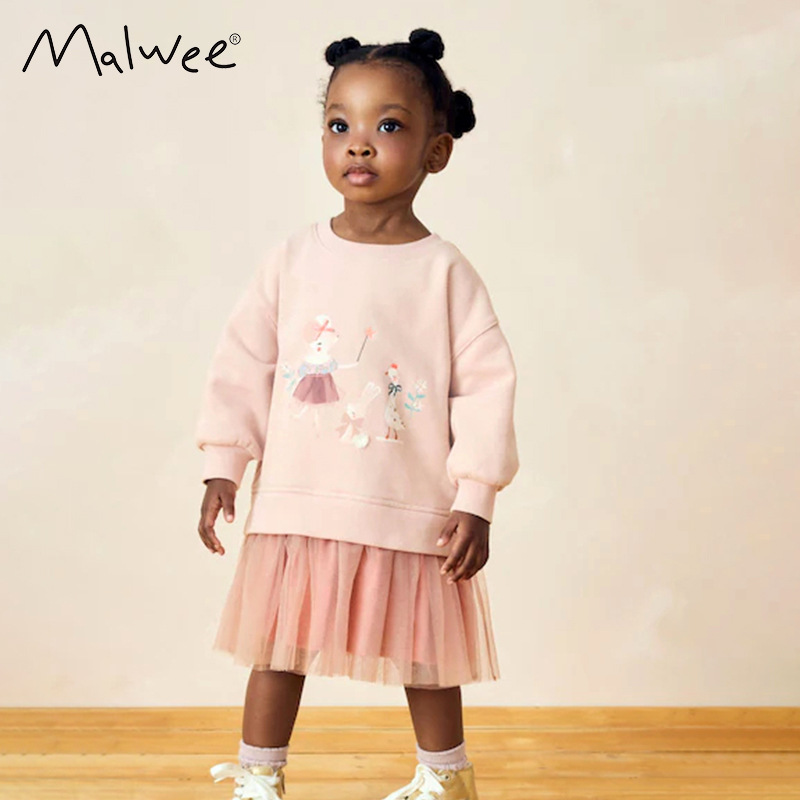 跨境malwee女童卫衣纱裙秋冬新款欧美中小童圆领长袖冬洋气公主裙
