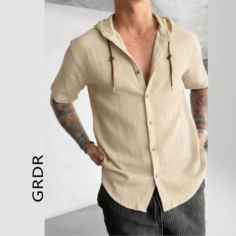 Cross-Border Men's Versatile Fashion Hooded Shirt for Outdoor Sports, Loose Fit, Solid Color, Multi-Color Drawstring Top, Wholesale in Stock