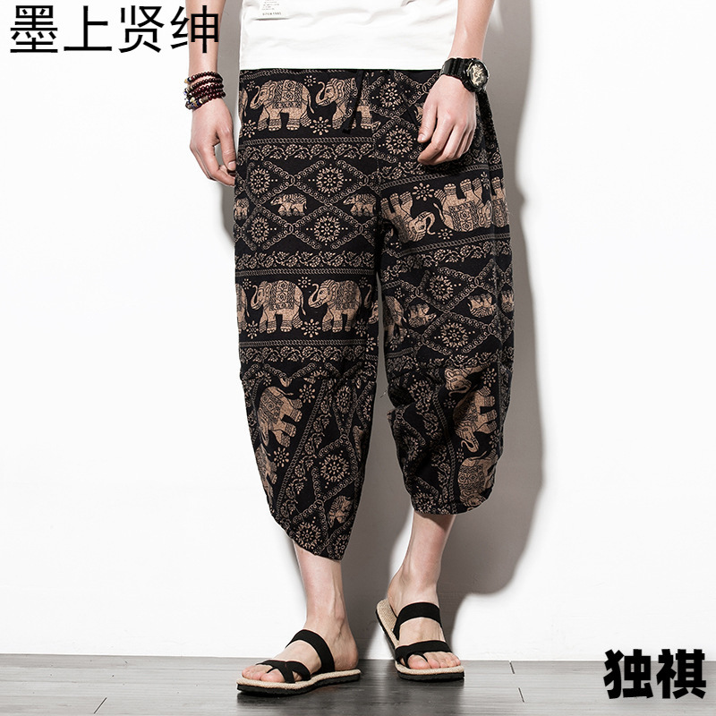 Verano japonés de talla grande para hombres pantalones cortos de lino impresos de estilo étnico estilo chino pantalones de bombachos de pierna ancha sueltos de talla grande