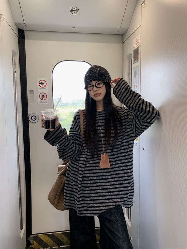 美式复古条纹长袖t恤女早秋季2025新款oversize松弛感慵懒风上衣|undefined
