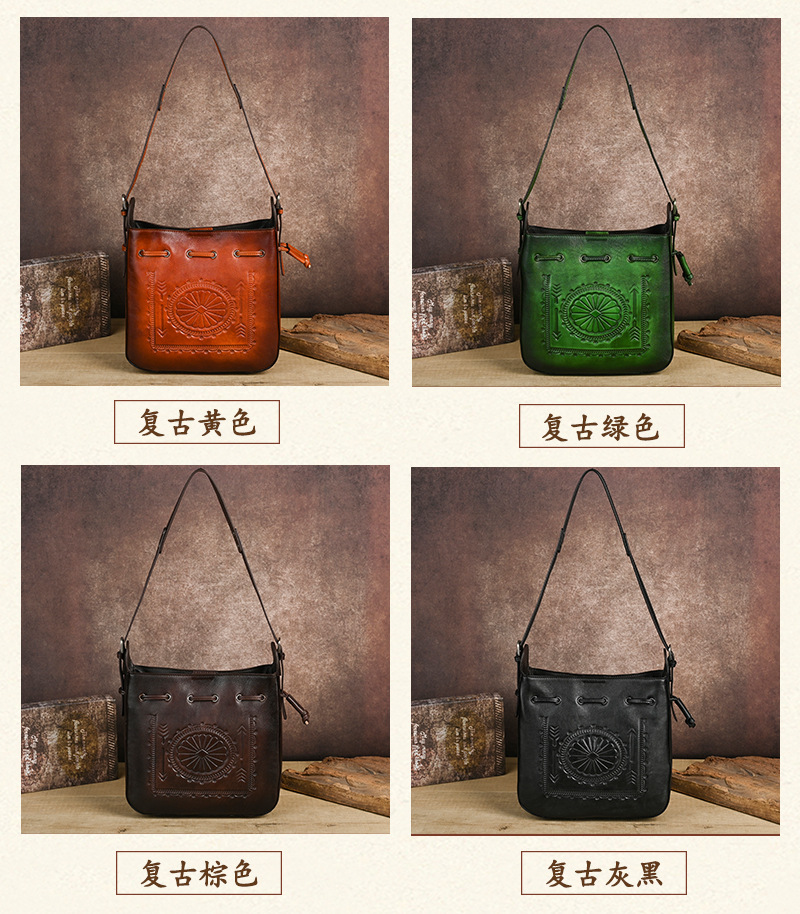 Túi tote da bò cổ điển phong cách vintage, đáy rộng, dung tích lớn, quai đeo vai — Màu xanh lá cây chi tiết 5