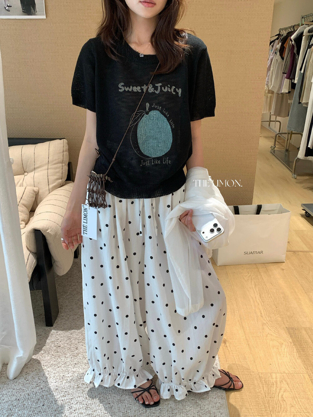 Quần culottes nữ ống rộng chấm bi phong cách vintage, cạp chun, dáng suông rộng thoải mái — màu đen, Màu bí ngô, màu trắng, màu xám chi tiết 18