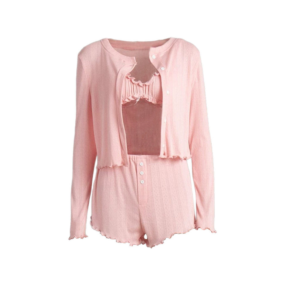 Bộ đồ ngủ nữ 3 món dệt kim gồm áo cardigan dài tay, áo lót và quần short — In hoa, Màu hồng, Màu trắng, Màu xanh dương