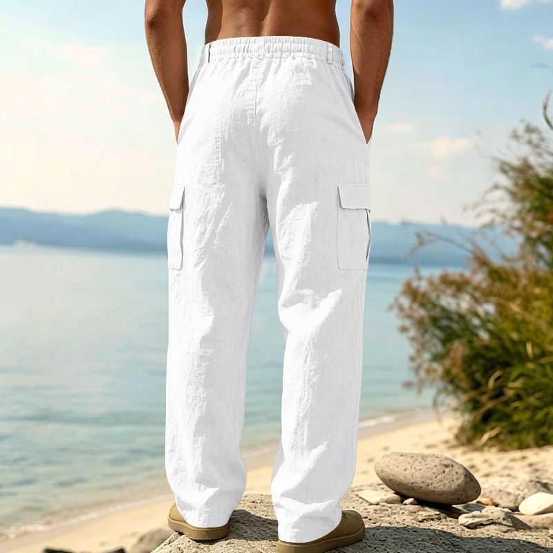 KOOSSOASIS Men's Summer Linen Overalls Loose Breathable Casual Pants Cotton And Linen Beach Pants_viptrois.com