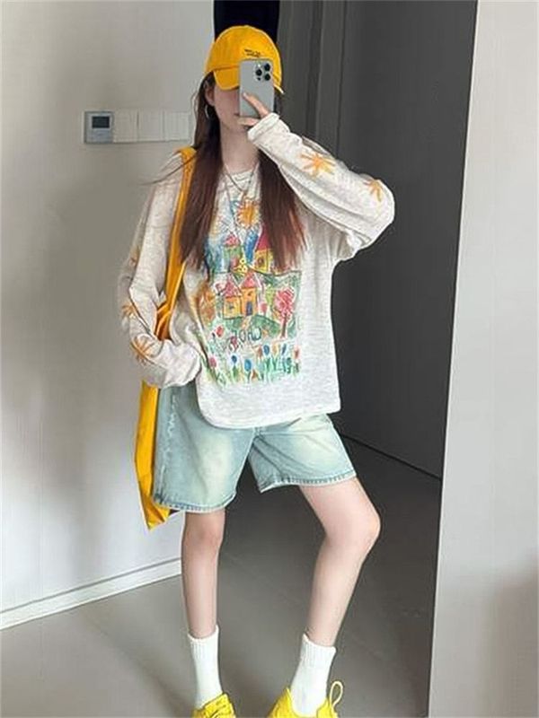 原版面料防晒复古涂鸦印花长袖T恤女夏季宽松薄款中长款罩衫上衣|undefined