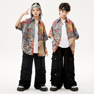 儿童嘻哈潮流街舞套装宽松男女童hiphop演出服酷帅少儿多巴胺衬衫