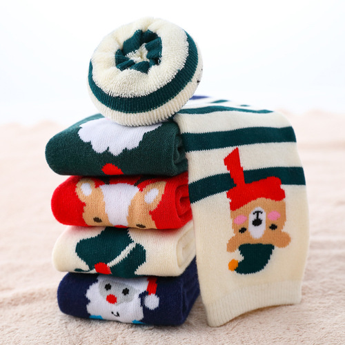 Cross-border children's Christmas thick ribbed socks winter for both boys and girls red holiday cartoon warm towel new year socks