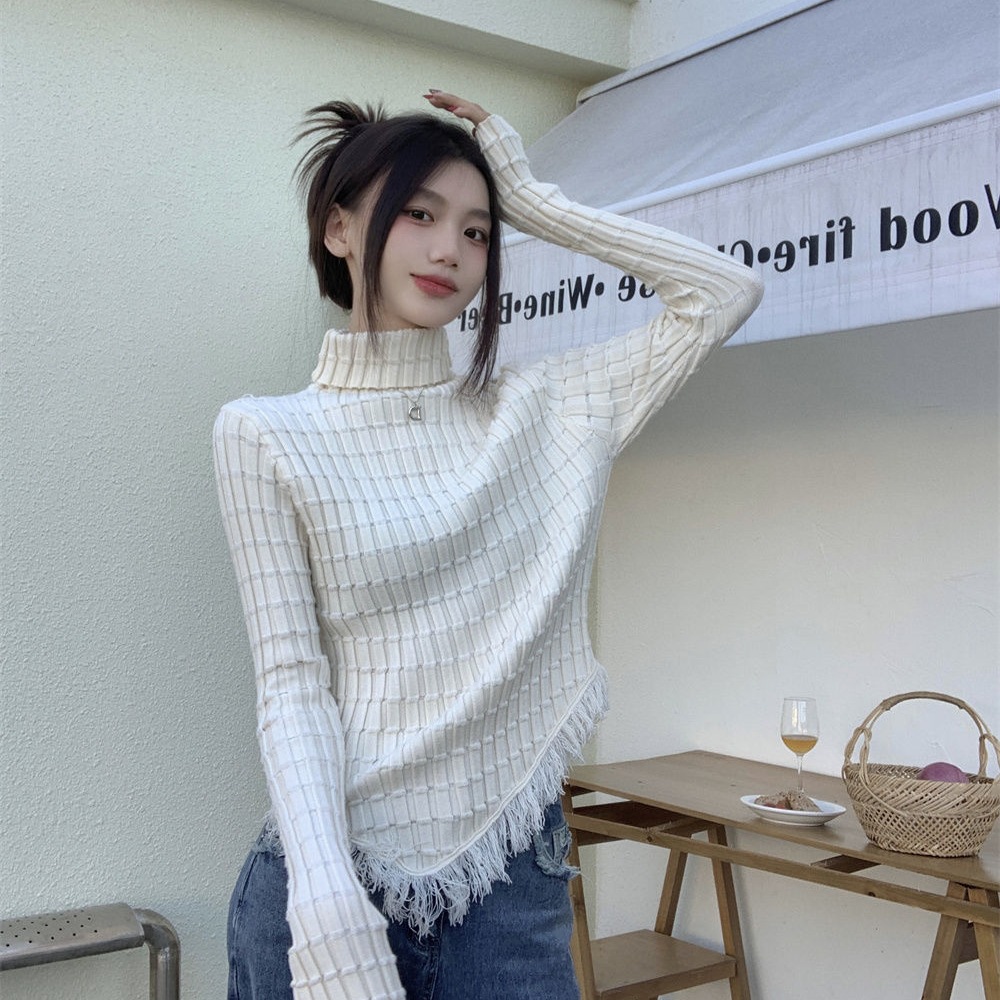 温柔风内搭针织打底衫女流苏高领毛衣秋冬新款修身显瘦不规则上衣