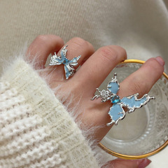 韓版新款滴膠琺瑯藍色蝴蝶開口戒指女ins冷淡風輕奢時尚指環戒子