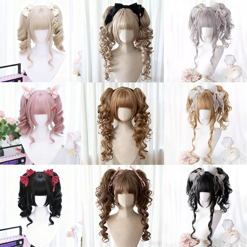 Cute Lolita-Style Wig for Women with a Vintage Lolita Split Ponytail Design, Natural Full Wig