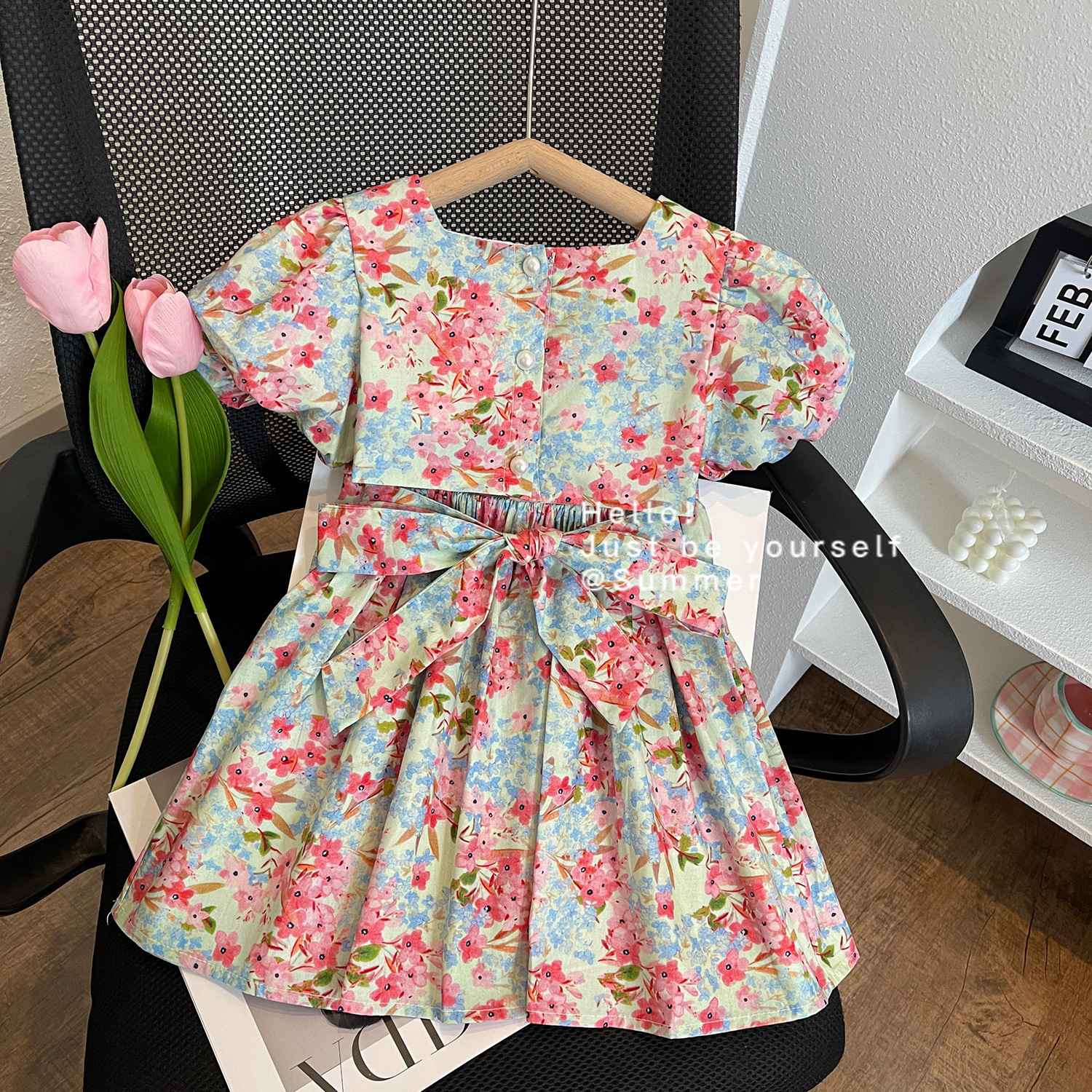 2023 Summer New for Girls Korean Edition Butterfly Bow Bubble Sleeve Floral Dress 23259_voghion.com
