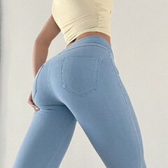 瑜伽仿牛仔芭比褲女休閒跑步高腰提臀顯瘦外穿口袋緊身健身褲999