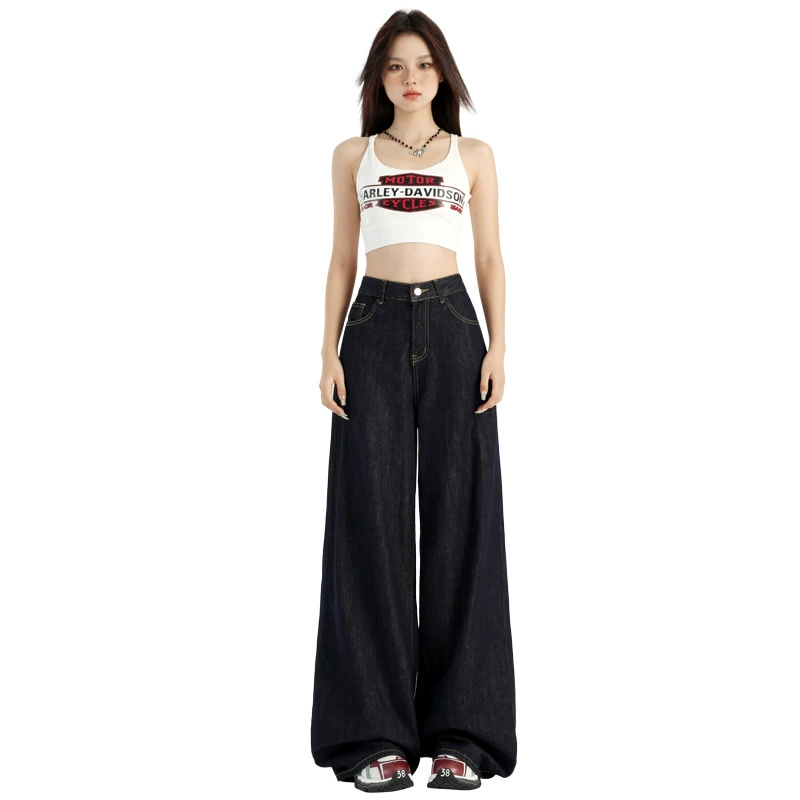 Темно-синие джинсы, осенние брюки, американский стиль, high waist, облегающие, для подростков, свободный прямой крой