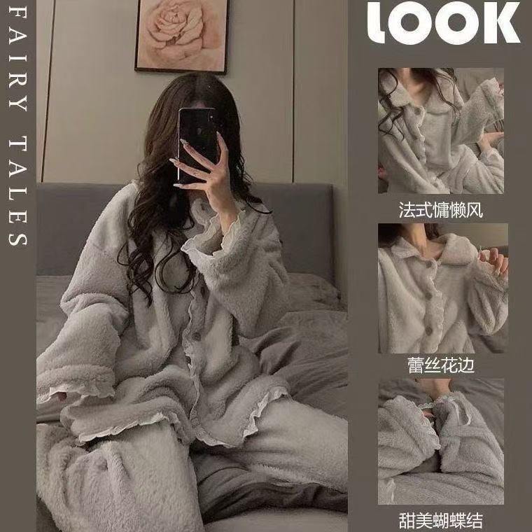Autumn and Winter Thickened Fleece Cardigan Cartoon Coral Fleece Flannel Warm Pajamas Women's Long-Sleeved Home Wear Set Autumn and Winter Thickened Fleece Cardigan Cartoon Coral Fleece Flannel Warm Pajamas Women's Long-Sleeved Home Wear Set