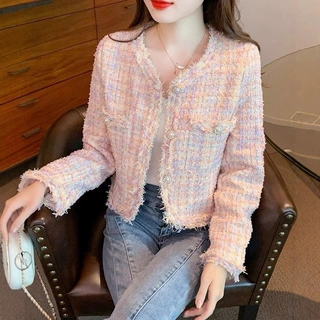 韩版小香风短外套女2025春秋新款气质宽松粗花呢设计感小众薄外套