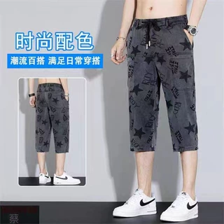 夏季爆款提花六兜七分休闲短裤男式松紧腰弹力多袋工装大码7分裤