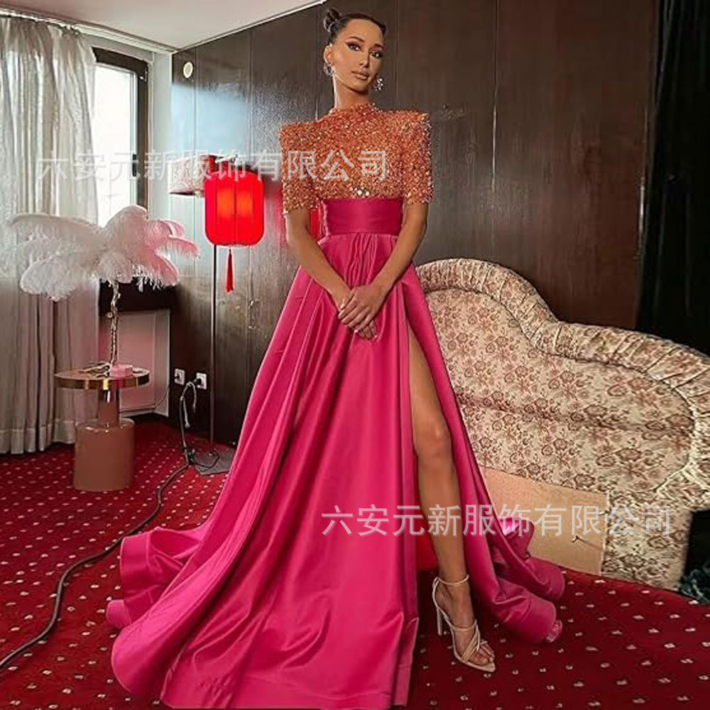 Europeo y americano Amazon AliExpress vestido de fiesta media manga lentejuelas satén vestido de noche A-line vestido de fiesta de hendidura image 1