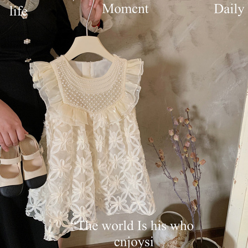 Girls Dress 2024 Summer New Girl's Tank Top Dress Little Girl's Style Princess Hollow Flower Skirt
