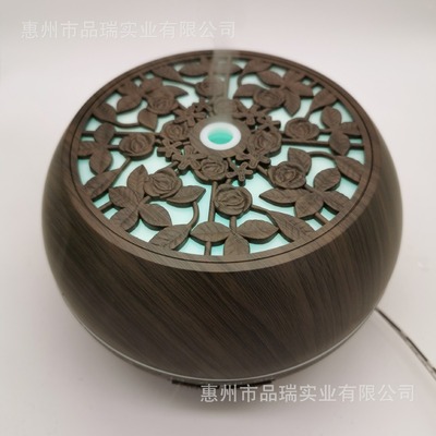 香薰机家用550ML木纹七彩玫瑰超声波精油遥控加湿器厂家创意镂空