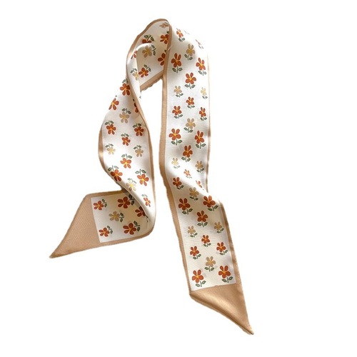 Elegant Beige Floral Silk Scarf with Subtle Patterns, Slim and Long Bandana Hair Ties, New Style Headband Accessories, Decorative Neck Scarf for Women