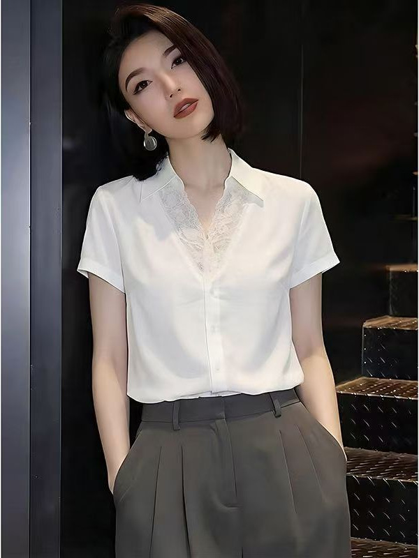 Áo sơ mi nữ ren ghép trắng cổ ve thiết kế dáng suông — trắng