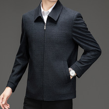 男士春季男翻领格子羊毛夹克新款2025外套中年爸爸装休闲男装黑格