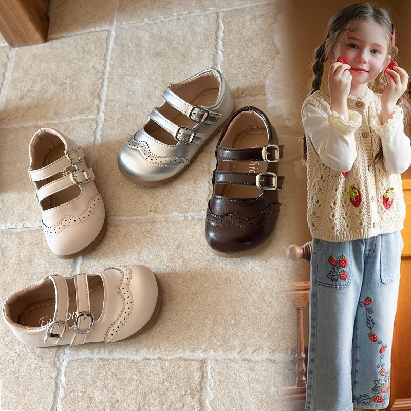 Zapatos de cuero suave para niñas 2026 primavera y otoño nuevos zapatos de princesa de cabeza redonda para niños, zapatos de estilo británico Lefour, zapatos de abertura superficial