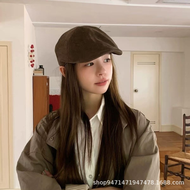 韩版麂皮绒质感反带前进帽女2025秋冬新款贝雷帽复古英伦风报童帽|undefined