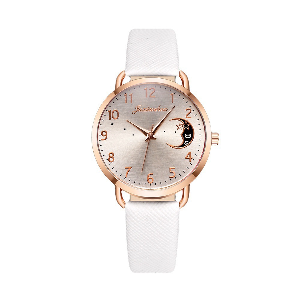 new hot women's personality quartz watch set Pu with moon pattern dial with calendar_voghion.com