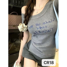 年轻甜妹针织衫斜肩露单肩短袖T恤女刺绣印花透气甜美贵气质时尚