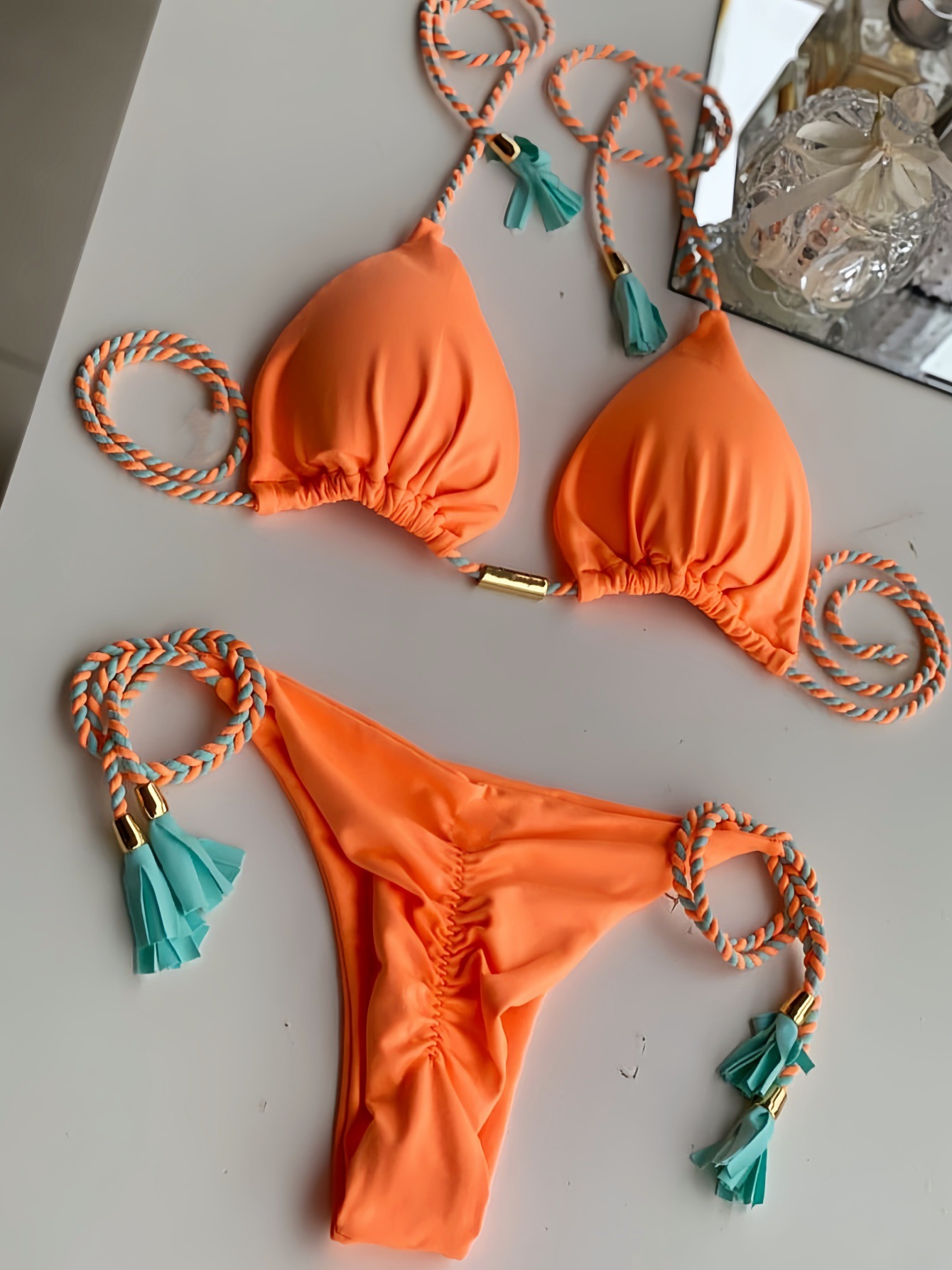 2025 Backless Braided Bikini Triangle Swimsuit Multi-Color Sexy Style Vacation Suit European And American Fashion Polyester_voghion.com