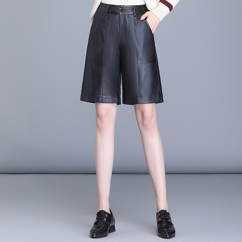 2025 Autumn/Winter Haining Fur Three-Quarter Shorts Women's High-Waisted Outerwear Boot Shorts Leather Shorts Plus Size Short Straight-Leg Pants