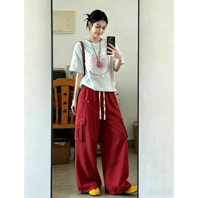 韩系穿搭休闲运动服女夏季宽松卡通短袖T恤时尚工装阔腿裤两件套