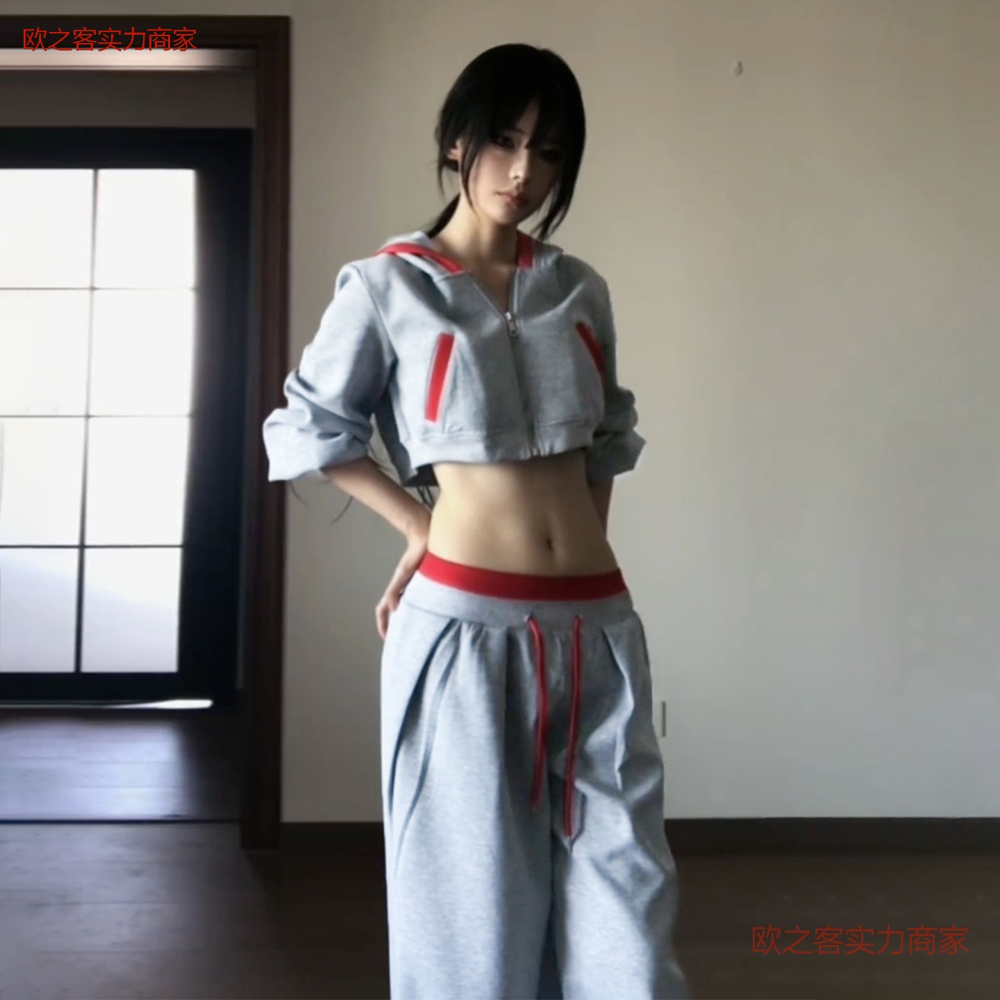 熹凤梨~2025春荡领假两件修身长袖T恤上衣女+白色花苞半身裙套装