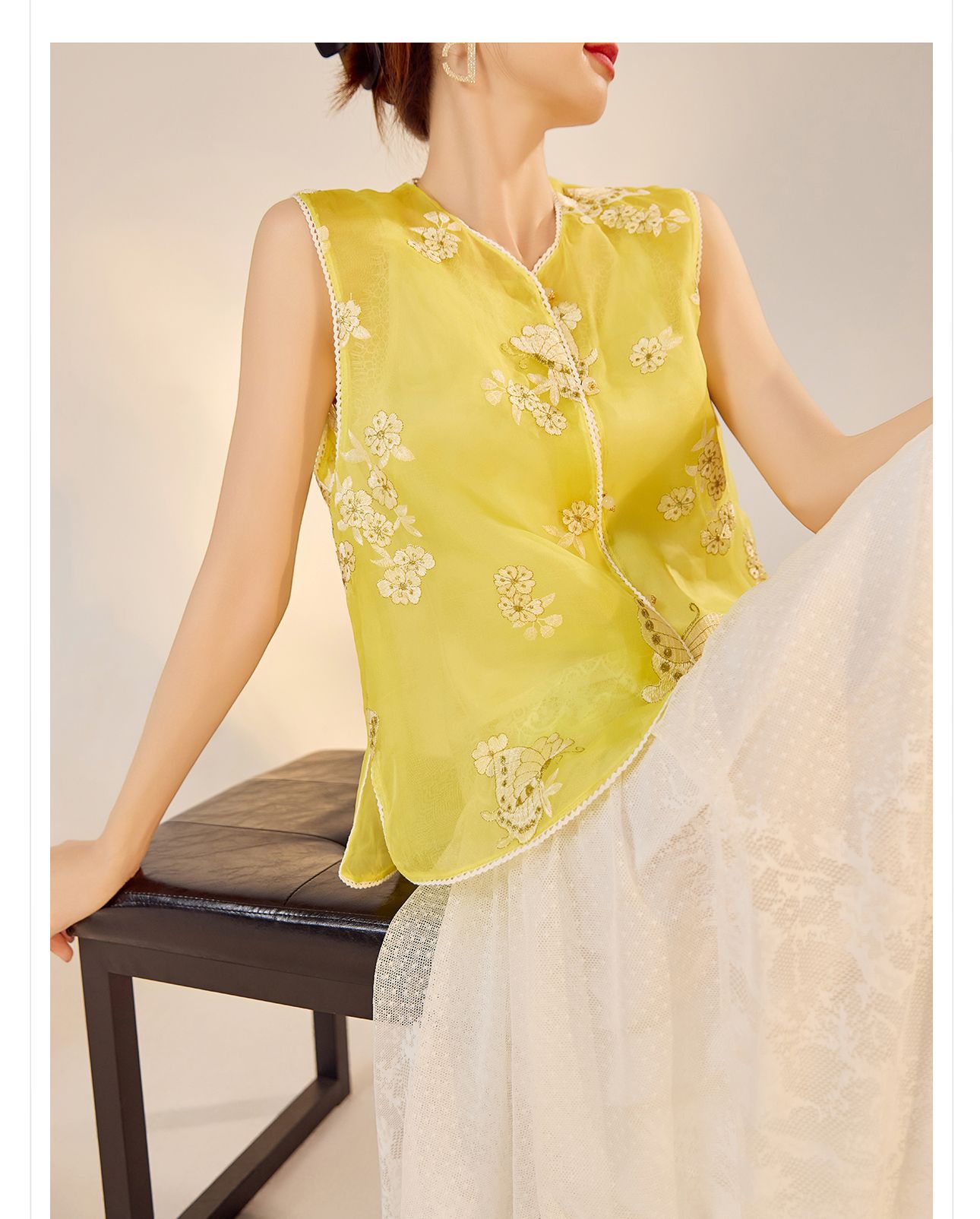 Áo vest lụa tơ tằm thêu bướm phong cách Trung Hoa mới mùa hè — Màu vàng sữa, Màu trắng be chi tiết 17
