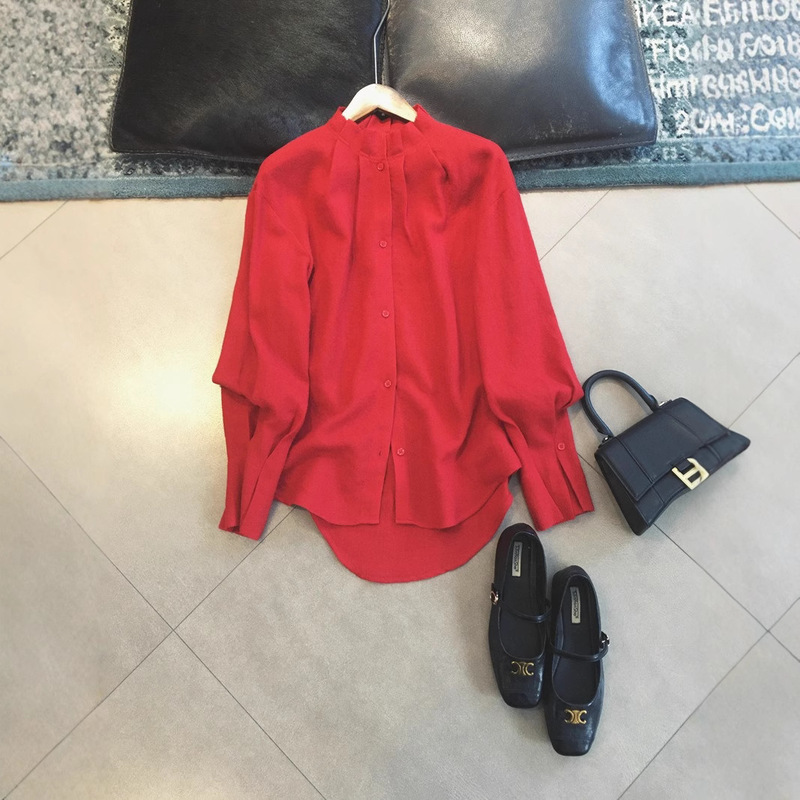 Ready Stock: Delicate and Soft-Feeling Fine Wool Pleated Petal Collar Straight-Breasted Loose-Fitting Shirt, Available for Dropshipping