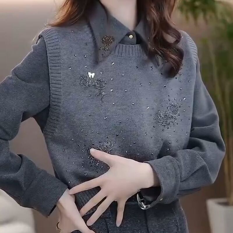 Autumn and Winter Style Diamond-Encrusted Knitted Vest Top New Style Mother's Velvet Warm Shirt Inside and Outside Two-Piece Set for Women Autumn and Winter Style Diamond-Encrusted Knitted Vest Top New Style Mother's Velvet Warm Shirt Inside and Outside Two-Piece Set for Women