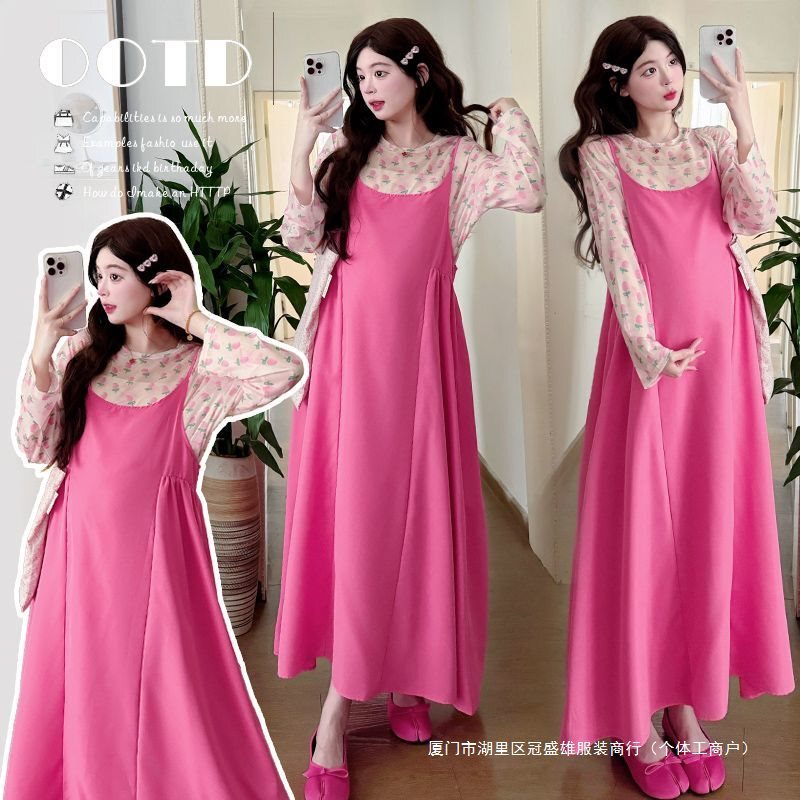 Maternity Outfit Set for Spring and Summer, Dopamine-Style Pink Spaghetti Strap Dress, New Summer Set, Beautiful