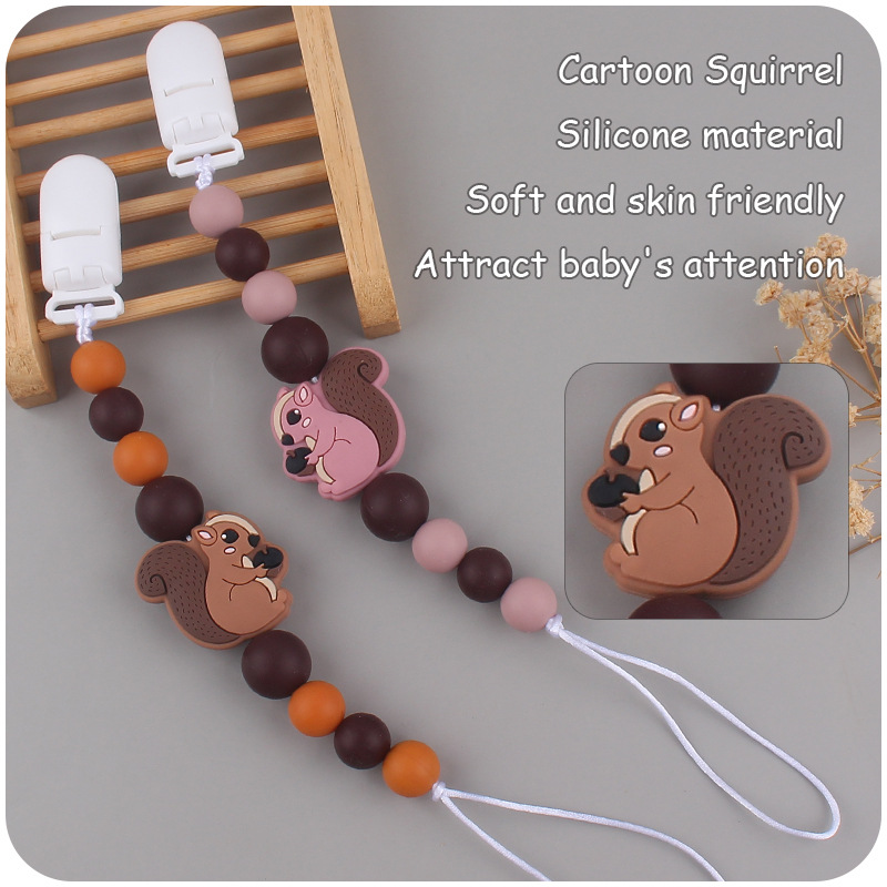 Nuevo bebé suministros de dibujos animados ardilla mordedor creativo bebé lindo silicona mordedura pezón cadena anti-caída cadena