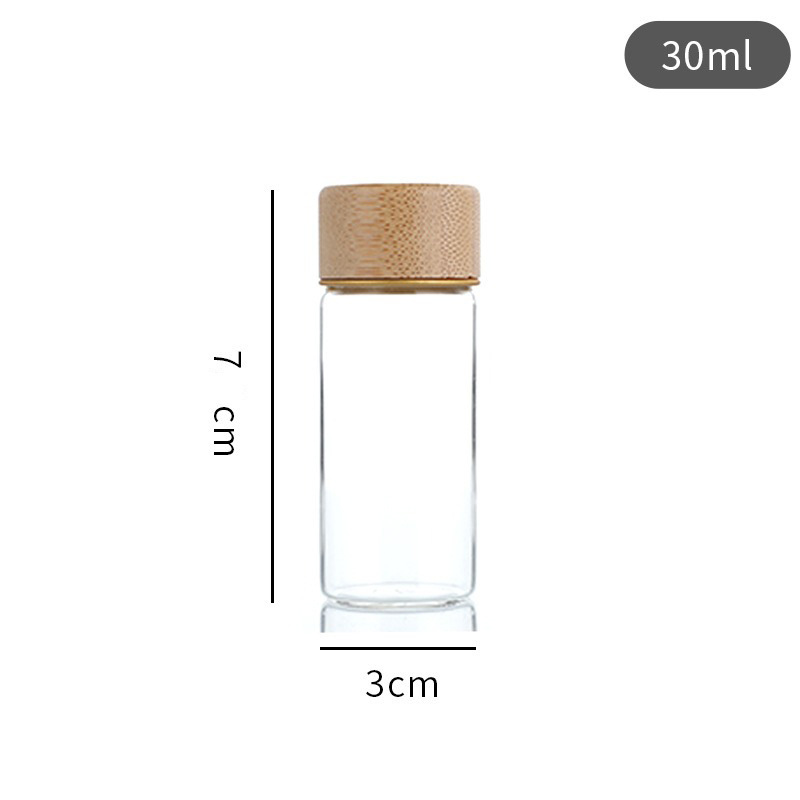 Botella de reactivo de la píldora de muestra de tapa de madera de bambú al por mayor, botella de embalaje de azafrán de boca de tornillo, botella de control de borosilicato de 30mm de diámetro