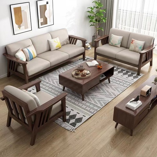 Nordic solid wood sofa set, modern minimalist Chinese-style princess corner sofa for small living rooms, three-seater living room furniture