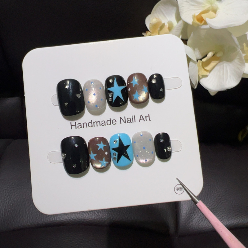 【Punk Star Pendant】Y2K Millennium Punk Style Handmade Wearable Nails Black Brown Ice Blue Color-Block Hand-Painted Star Nail Art 【Punk Star Pendant】Y2K Millennium Punk Style Handmade Wearable Nails Black Brown Ice Blue Color-Block Hand-Painted Star Nail Art