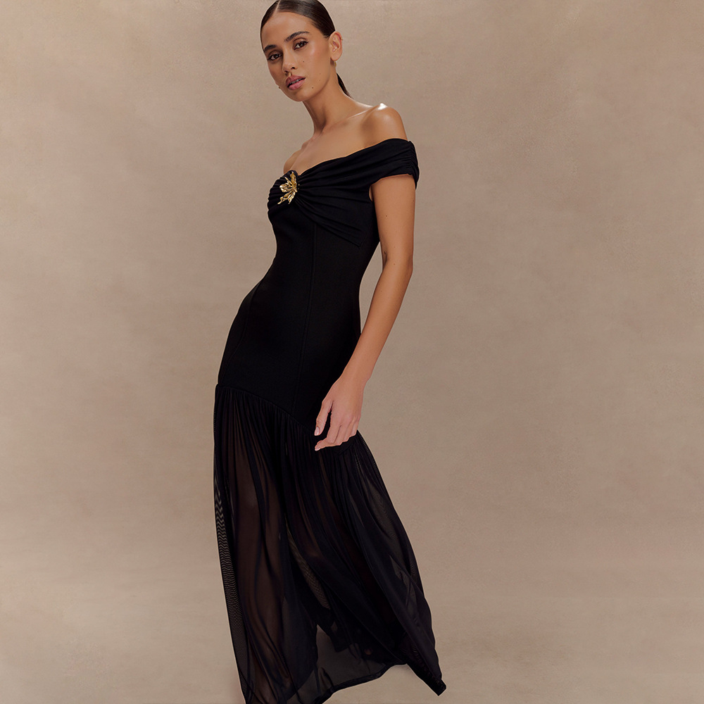 Backless Mesh Detail Long Dress, Slim Fit Pleated Backless Mesh Detail Long Dress, Slim Fit Pleated