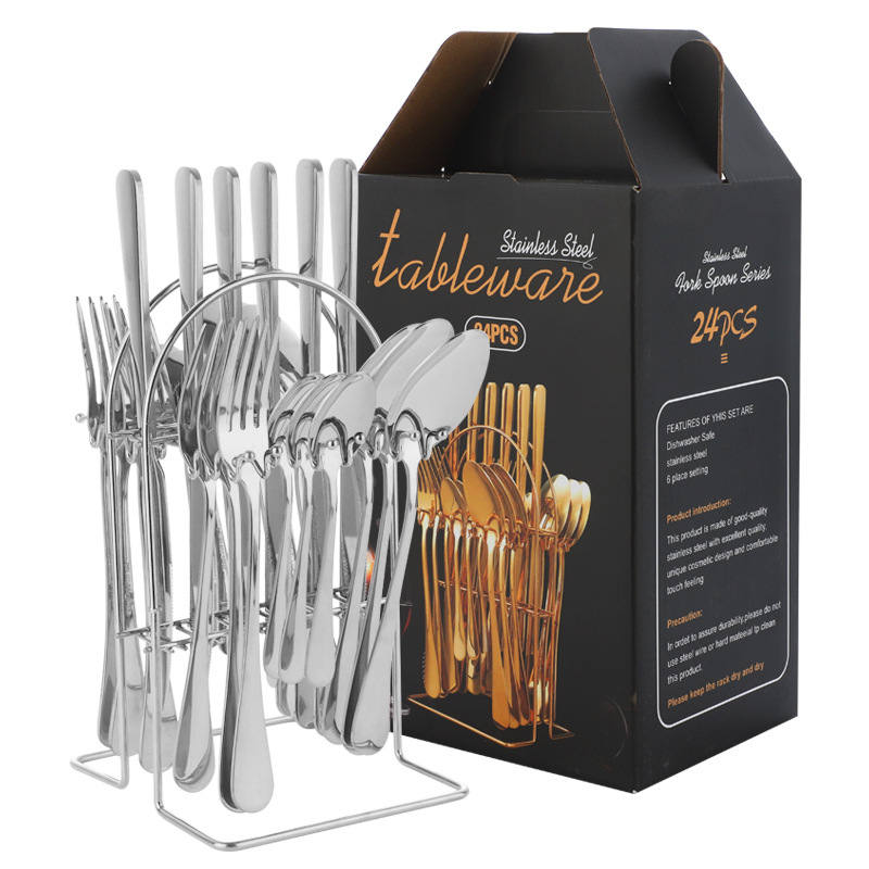 Amazon transfronteriza 1010 vajilla de acero inoxidable conjunto de 24 piezas cuchillo de carne occidental, tenedor y cuchara conjunto completo rack caja de regalo traje