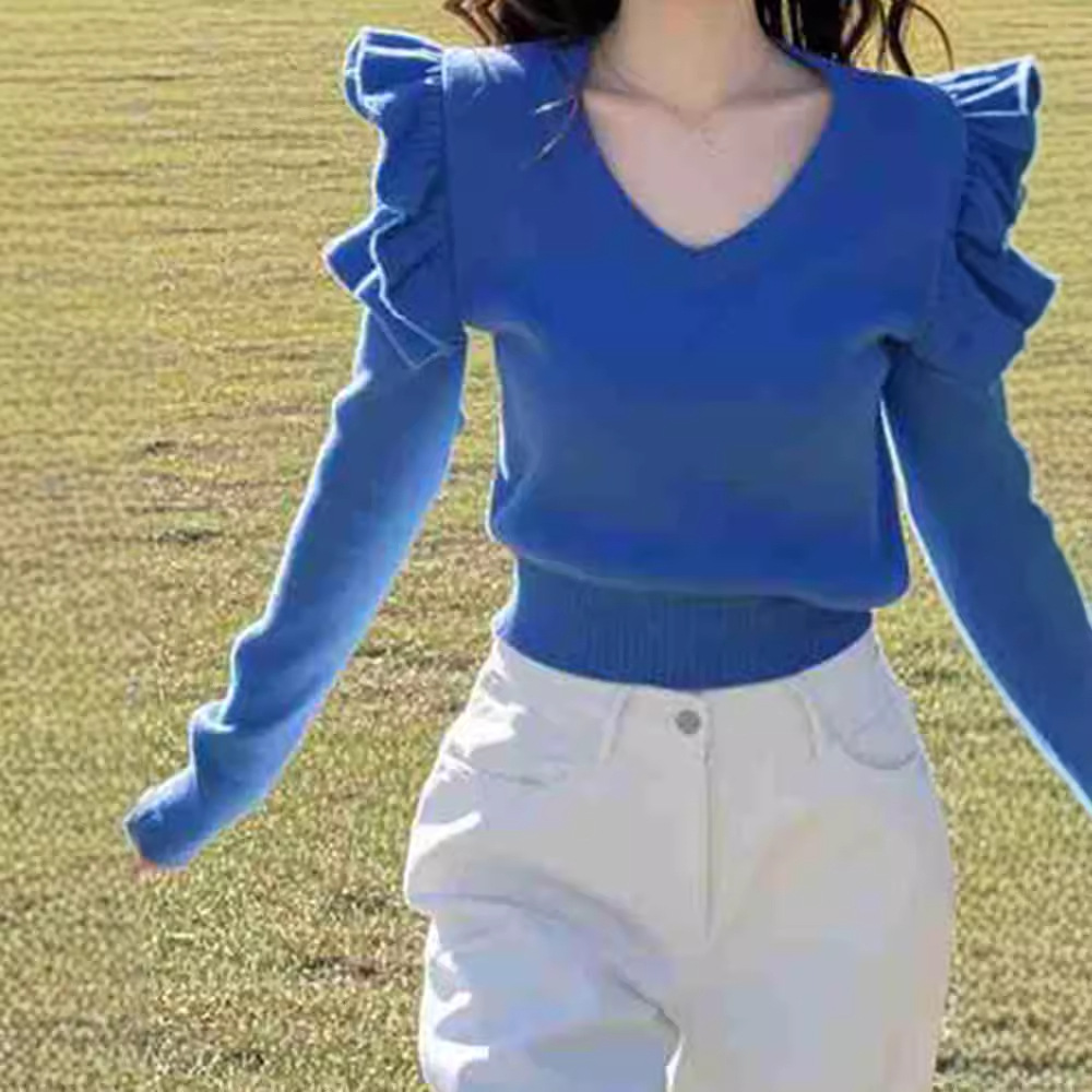 2024 년 초 가을 뉴 앰비언스 센스 러플 V-NECK KLEIN 블루 스웨터 니트 스웨터 여성용 쇼트 웨이스트 탑