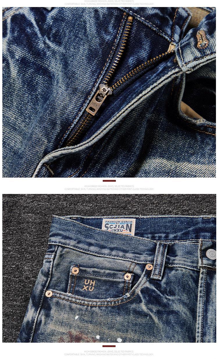 ​​Men's Premium Heavyweight Vintage Jeans – Streetwear Distressed Washed Denim Pants, Relaxed Straight-Leg Fit, Light Blue​​_mkmklike.com
