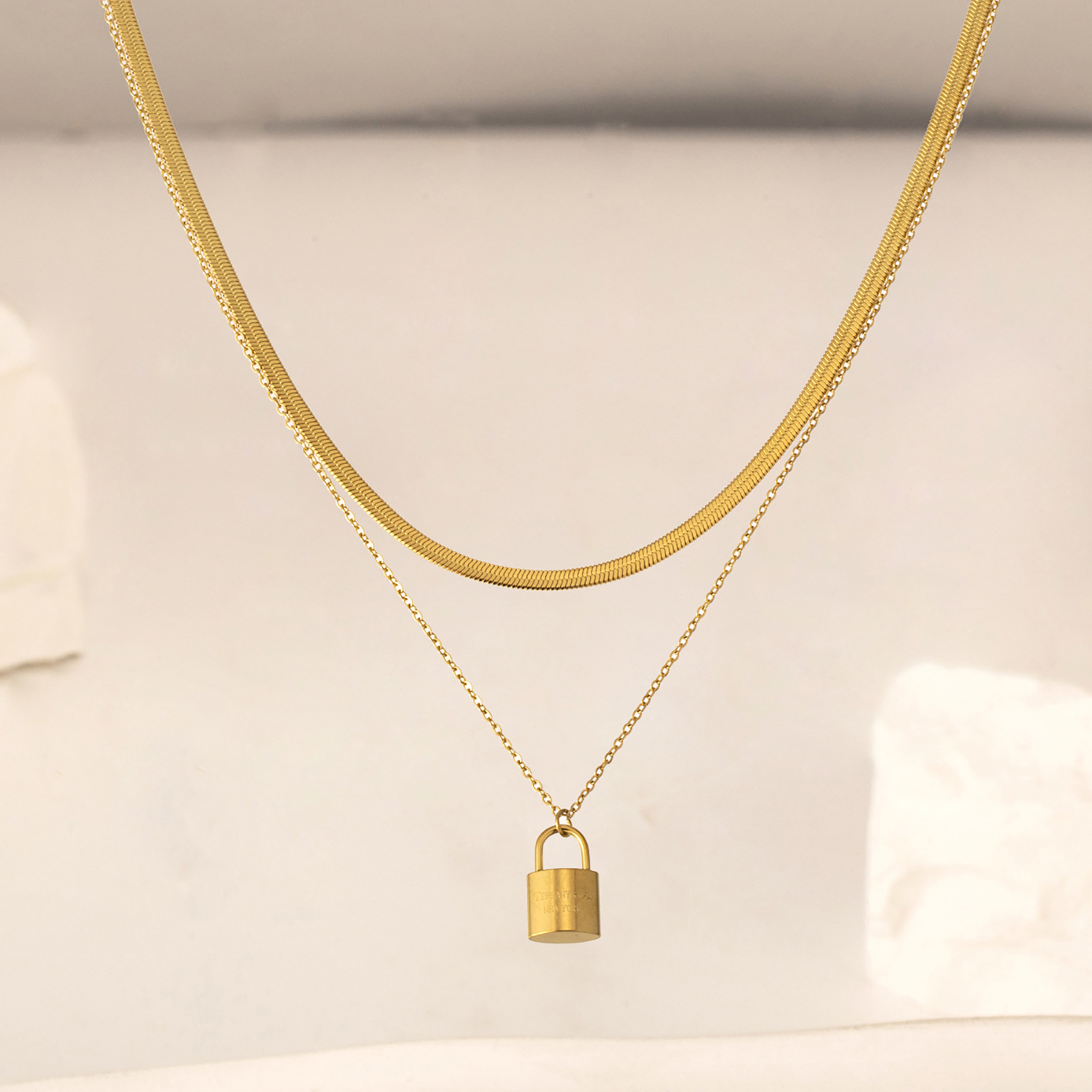 Fashion Lock Stainless Steel Titanium Steel Plating Layered Necklaces 1 Piece