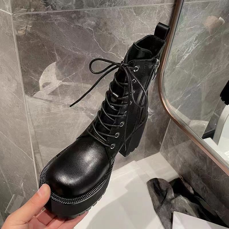 Round Toe Thick Heel Lace-Up Martin Boots for Women High Heel Waterproof Platform Thick Sole Short Boots for Small People Retro Soft Leather Boots for Women